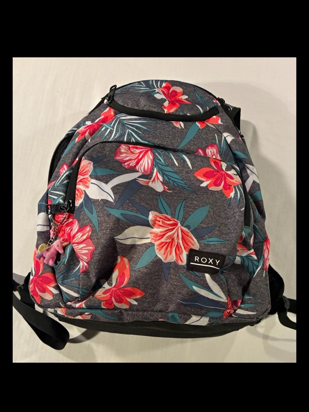 Roxy Grey Backpack with Pink & Teal Floral Print